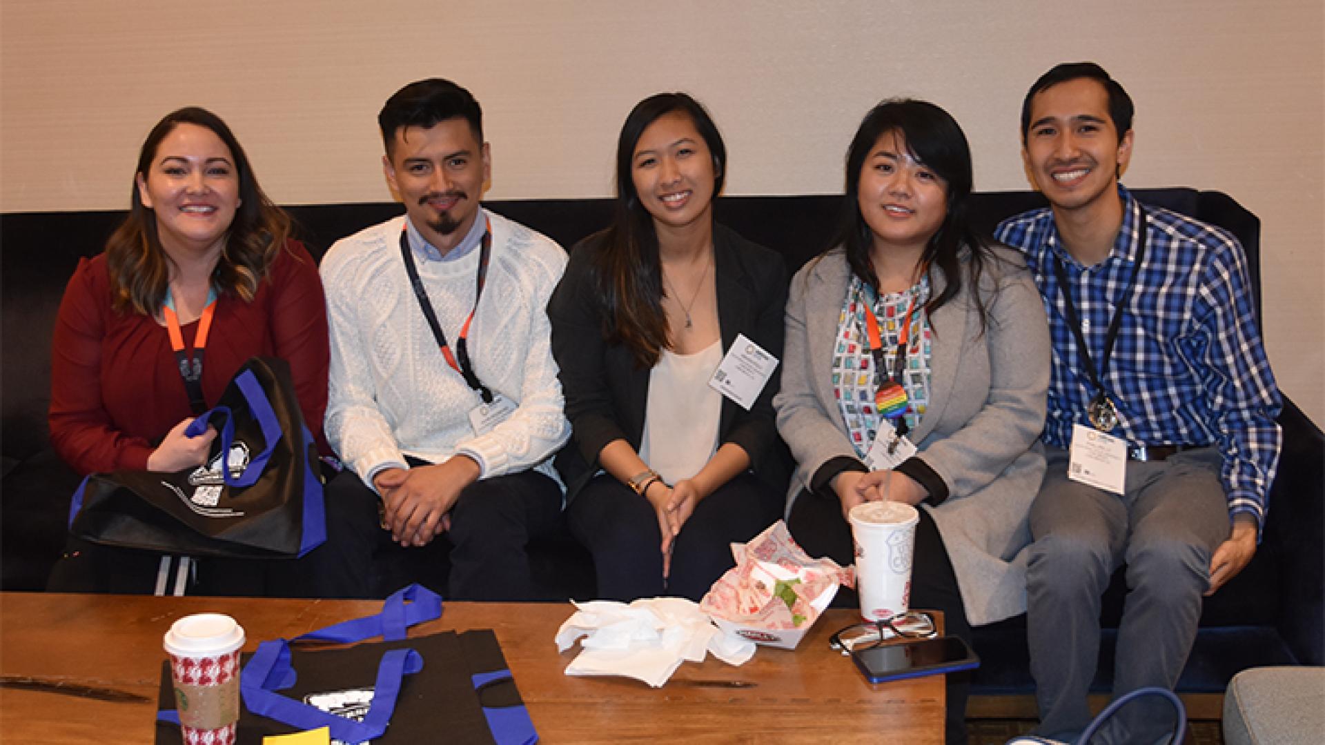 Nicole Streiker (staff), Adan Arizmendi (Year 1 Scholar), Amara Pouv (Year 2 Scholar), Noel Chau (Year 3 Scholar) and a non-CSULB friend Nicole Streiker (staff), Adan Arizmendi (Year 1 Scholar), Amara Pouv (Year 2 Scholar), Noel Chau (Year 3 Scholar) and a non-CSULB friend