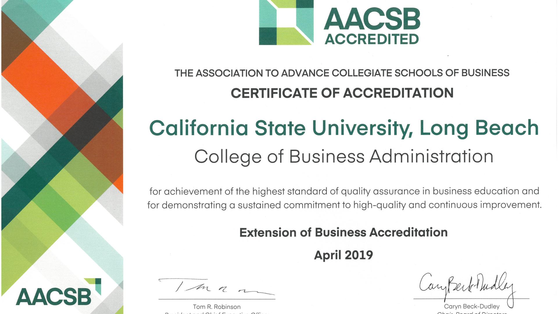 AACSB Official Certification document Dated MAY 2019