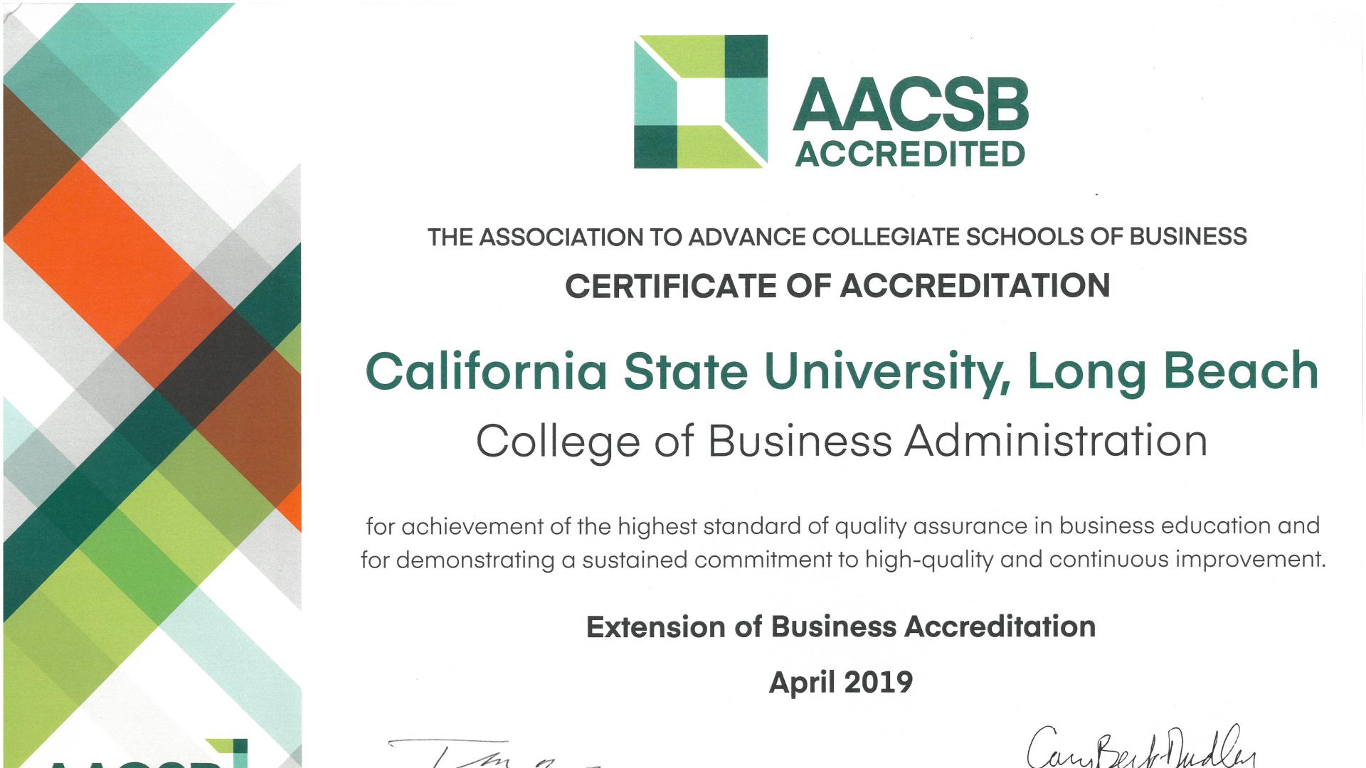 AACSB Official Certification document Dated MAY 2019