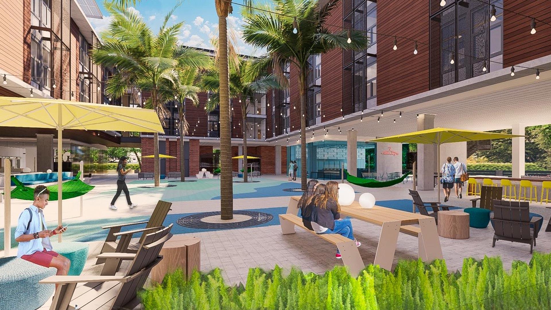 Rendering of new residential hall courtyard Rendering of new residential hall courtyard