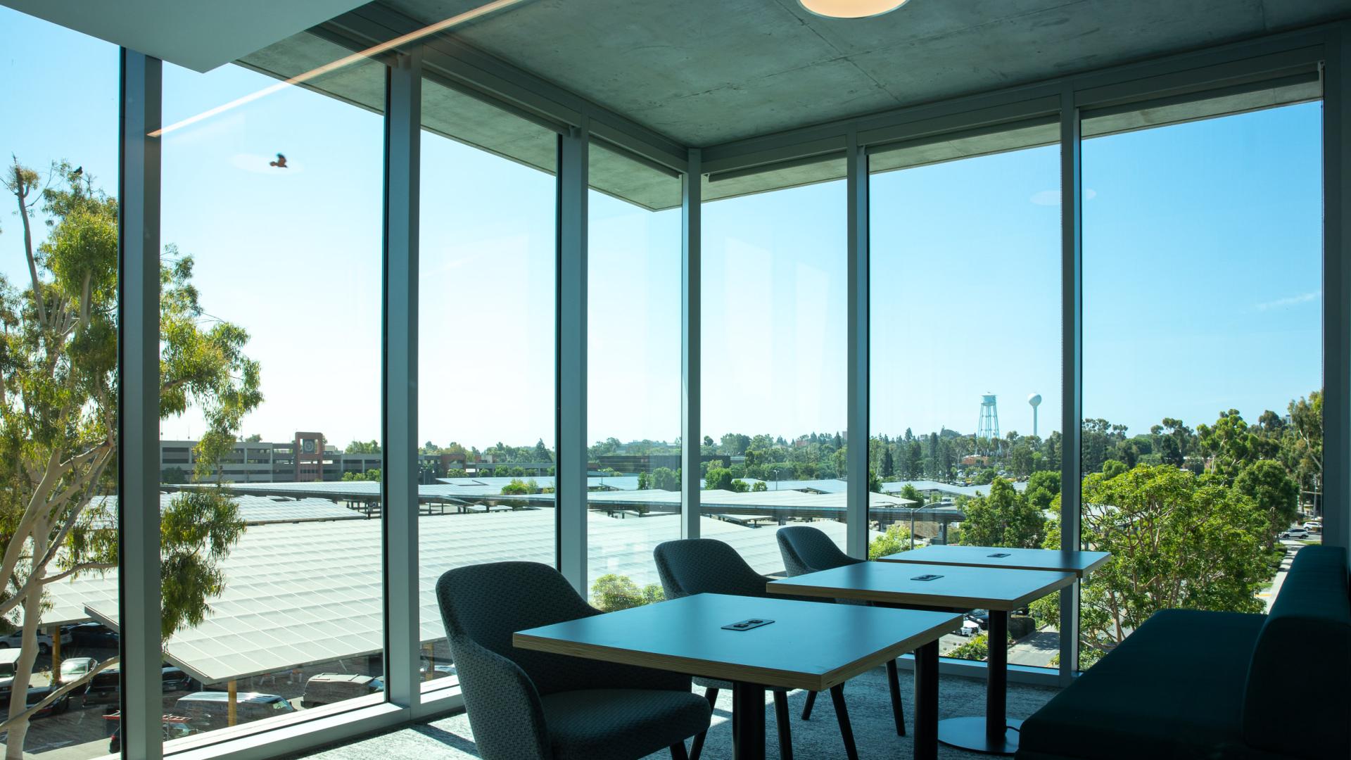 Dorm study room overlooking buildings