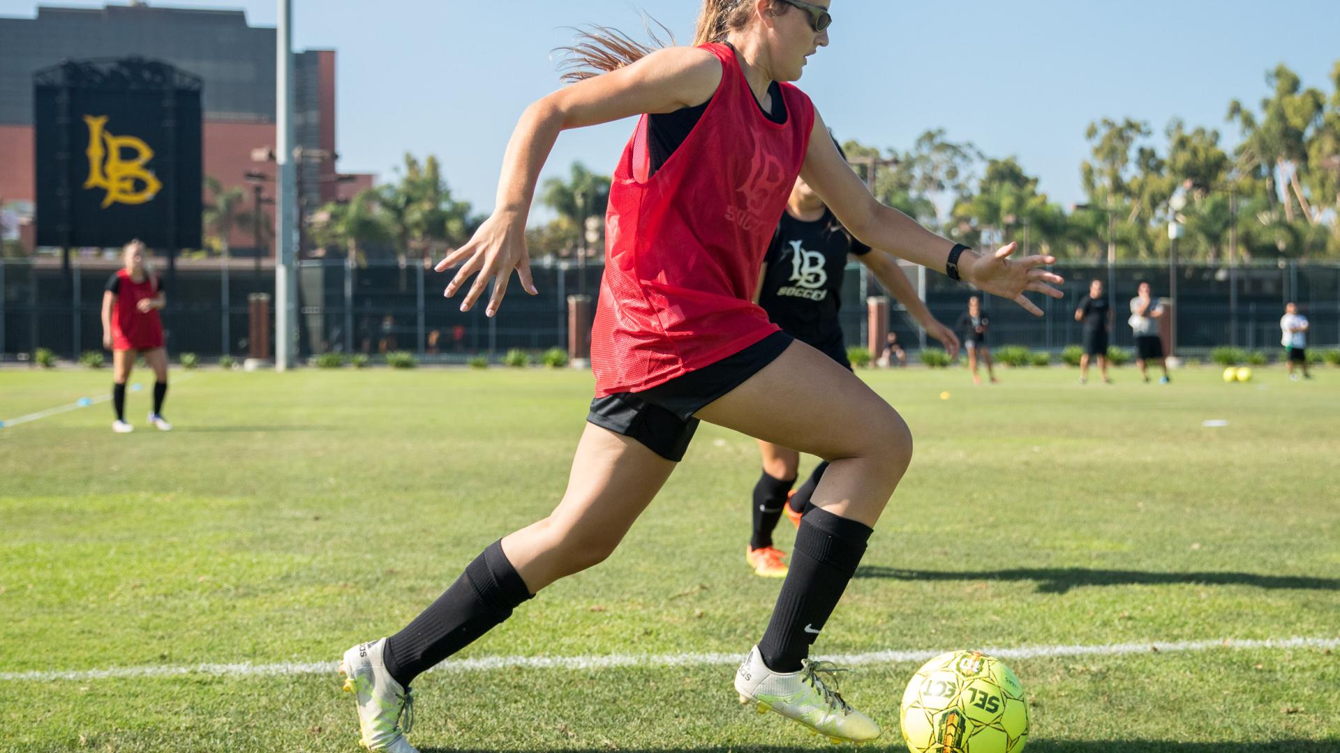 Soccer players practice