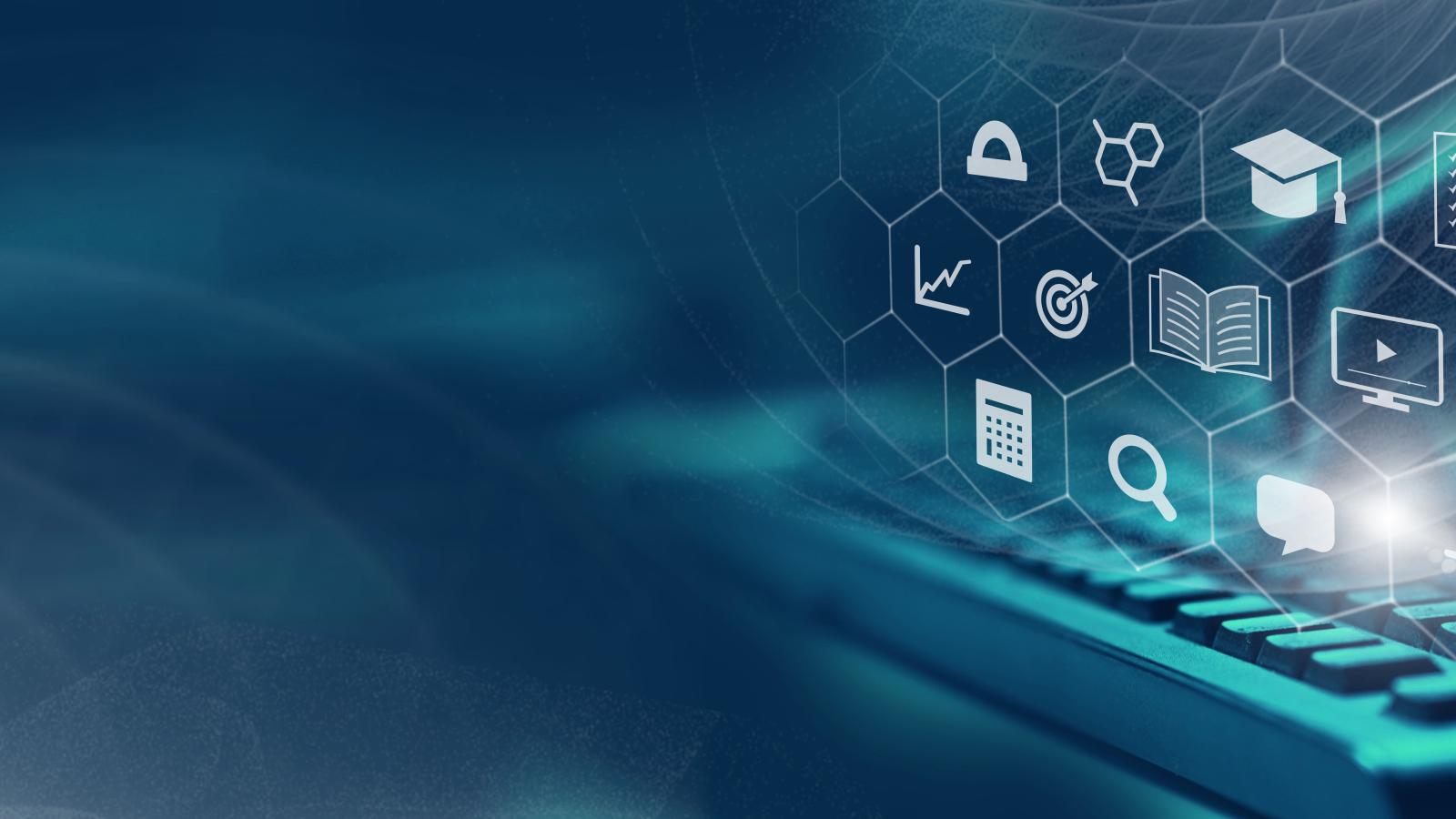 Blue banner displaying a keyboard and generic tech logos