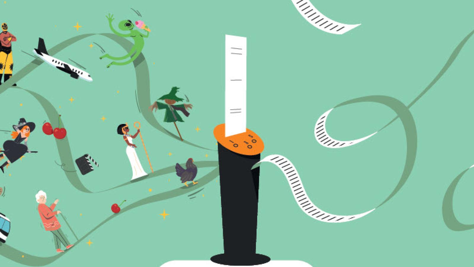 short story machine spitting out paper