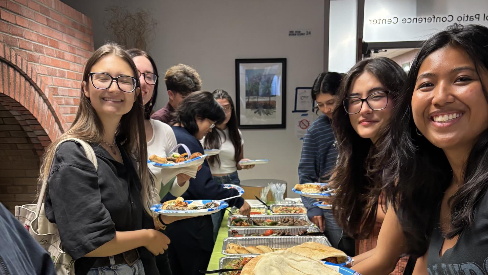 students in food line