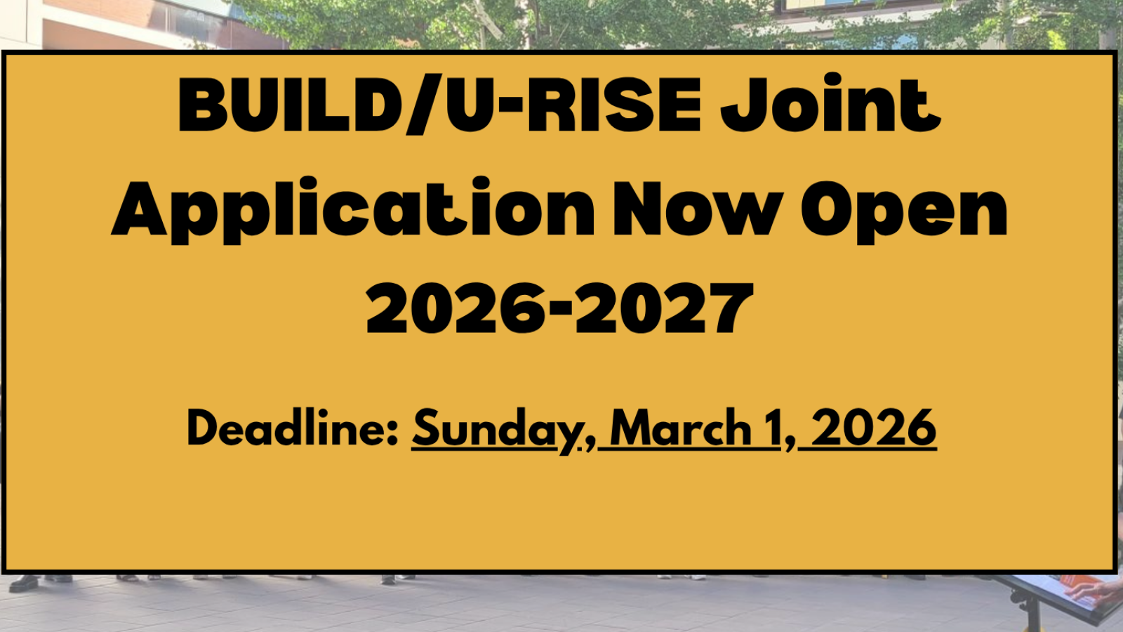 Transparent background photo of speaker addressing crowd; front text reads" BUILD/U-RISE Joint Application Now Open 2026-2027; Deadline: Sunday, March 1, 2026"