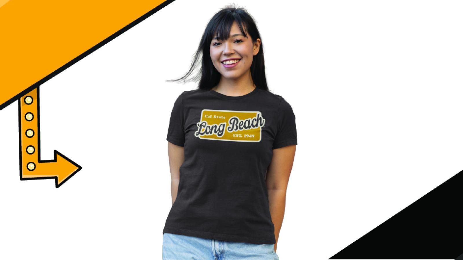 Girl wearing a brown shirt with Cal State Long Beach EST. 1949 on the front. 