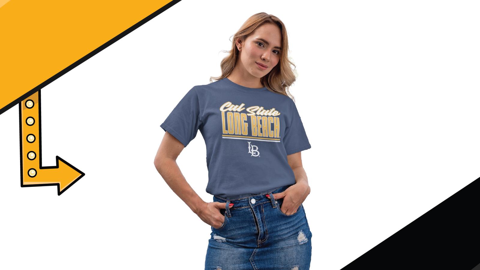Female student wearing a shirt that is a grayish blue color and has the words Cal State Long Beach written on the front in yellow and white. 