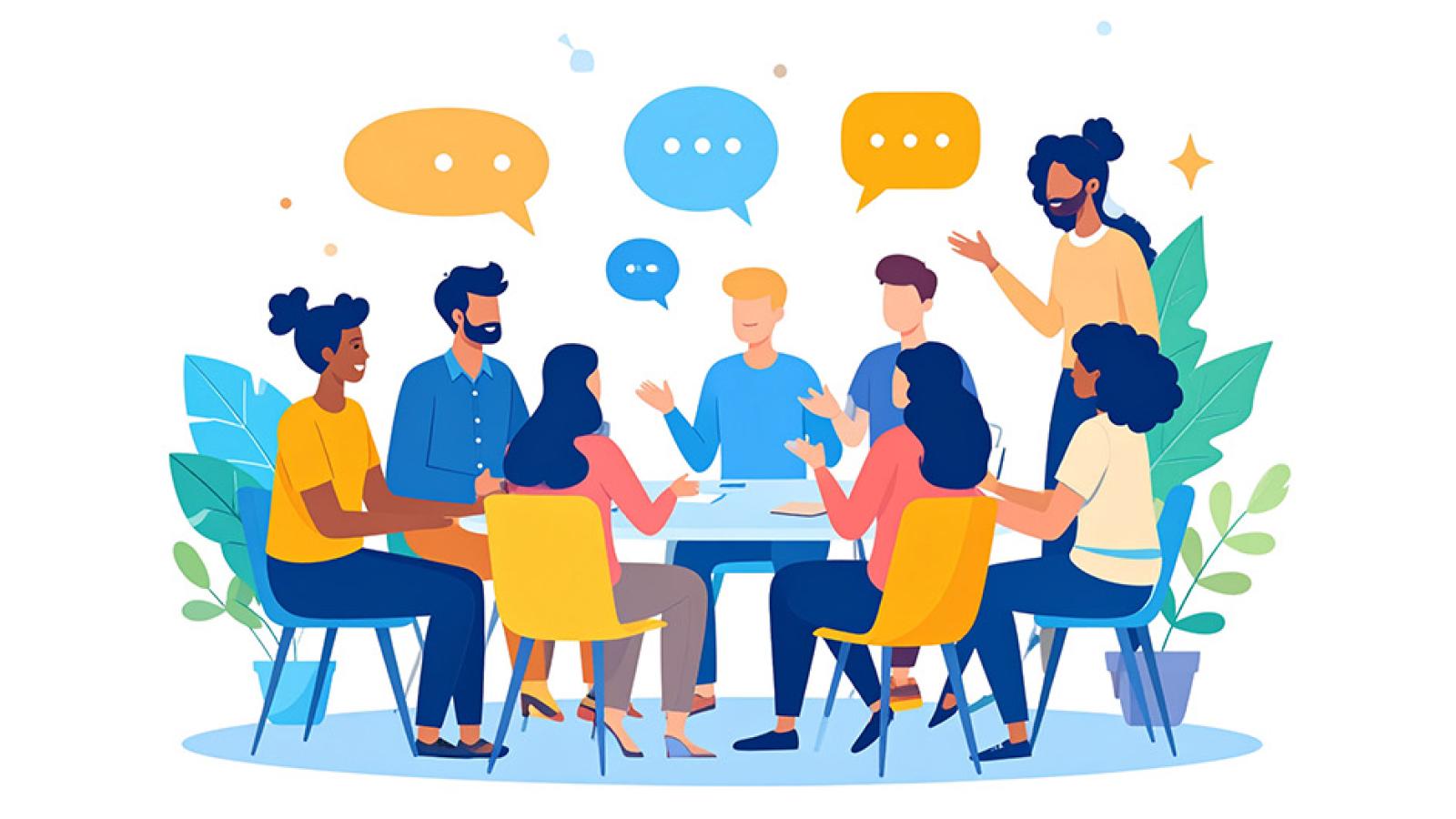 group of people in a discussion and gathered around a table