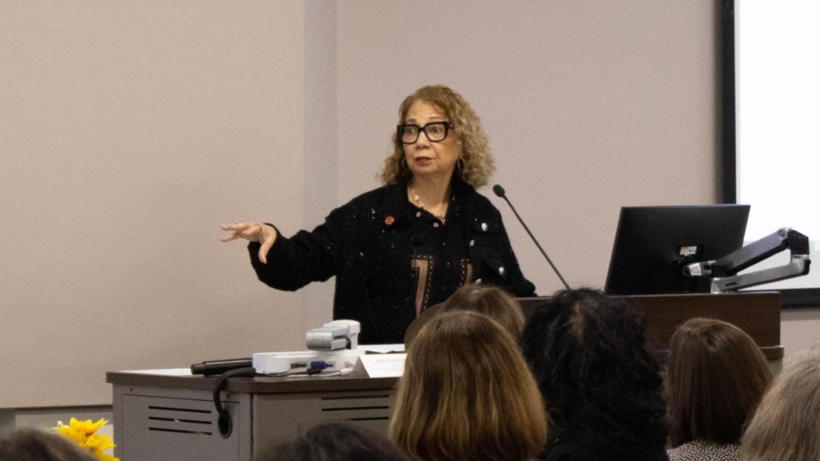 Chancellor Mildred García speaks to faculty and staff in the College of Education.