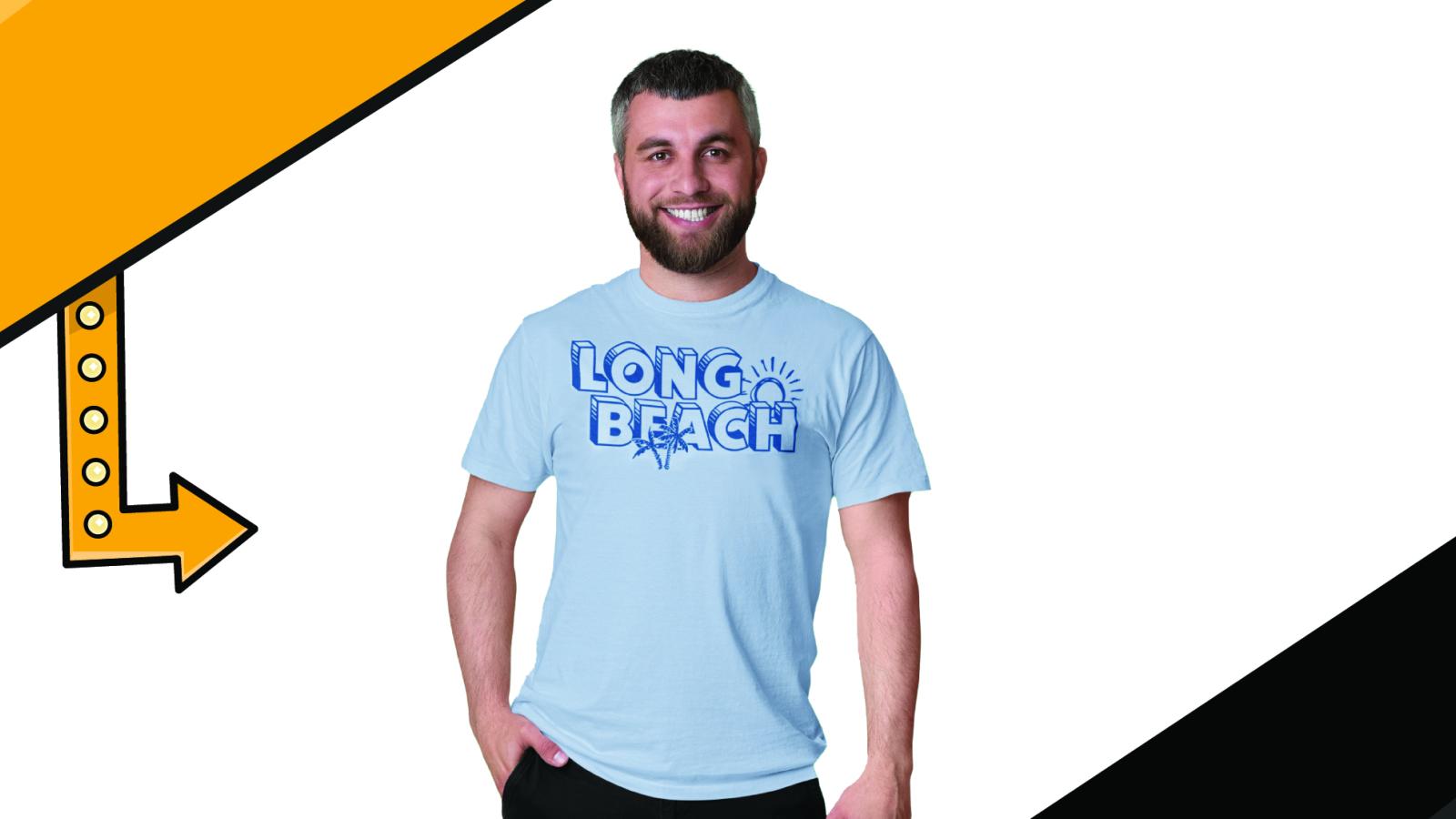 A light blue shirt with LONG BEACH written in block letters with a sun above the H in Beach. 