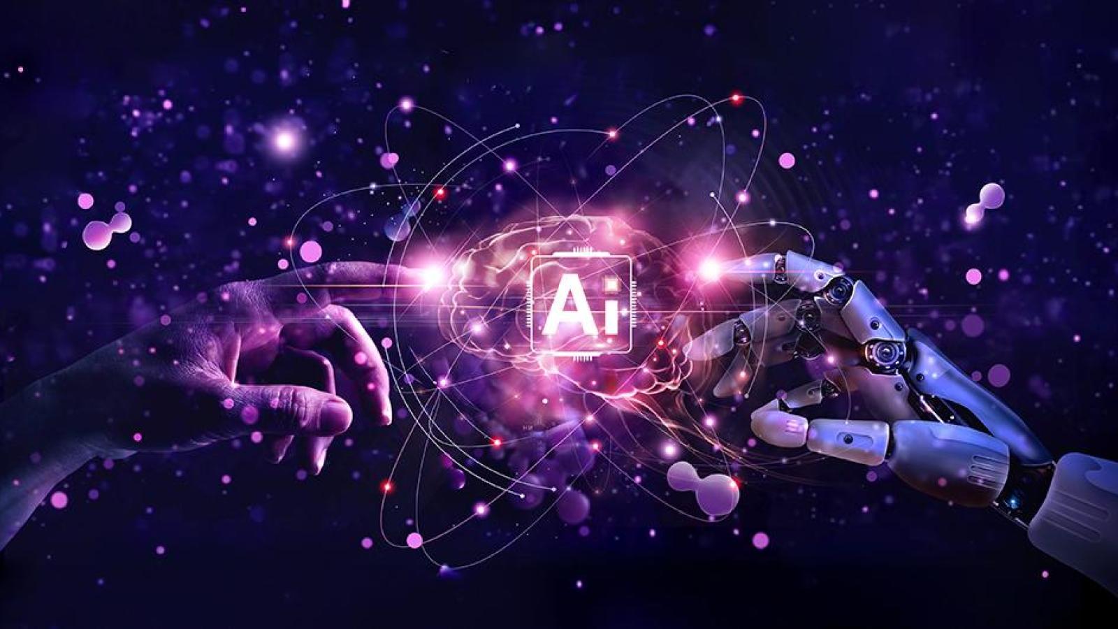human hand and robot hand pointing at brain and Ai icon in the center