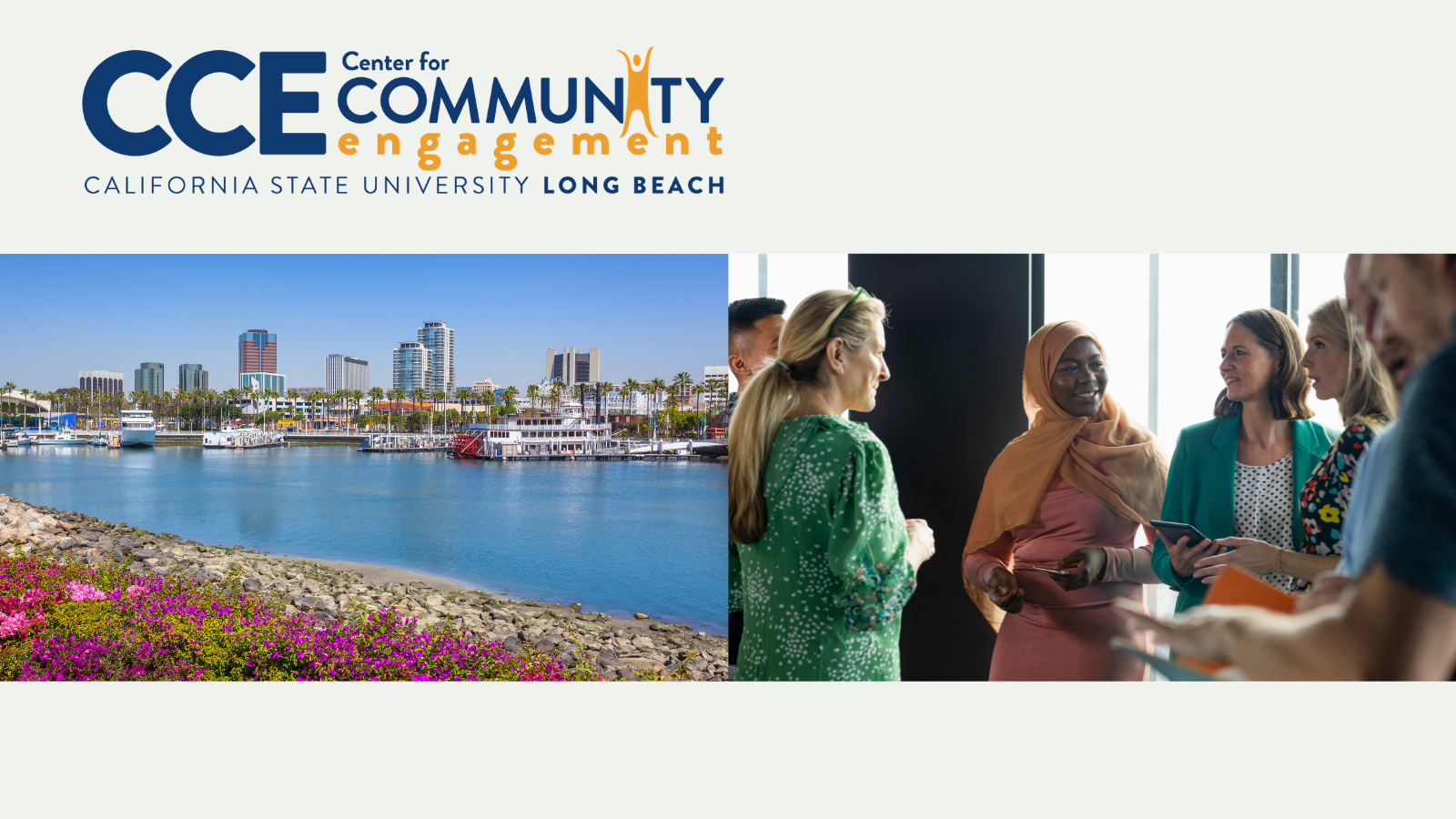 view of long beach harbor and group of people speaking