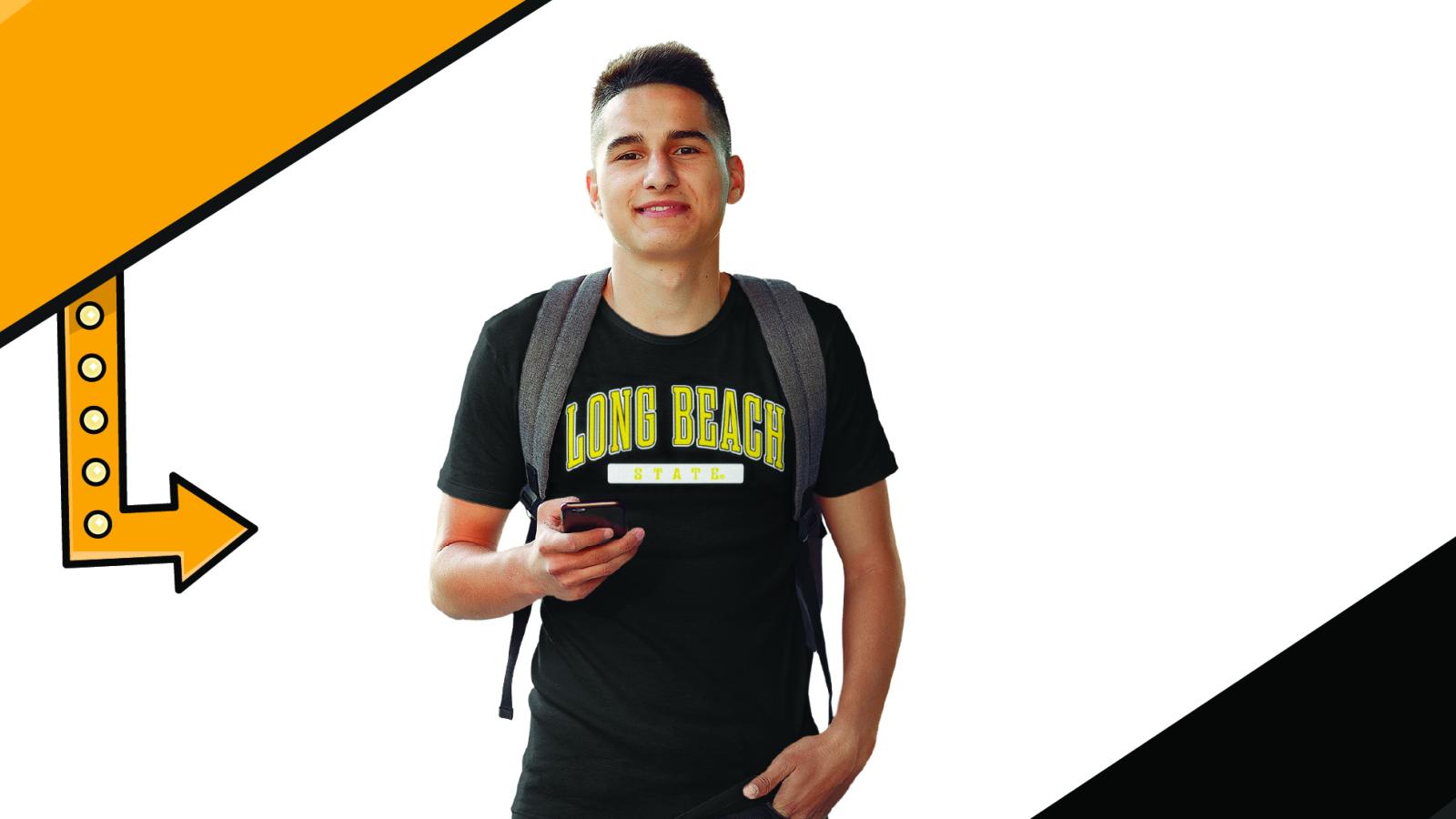 A student wearing a shirt that says Long Beach State while wearing a backpack and looking at his phone. 