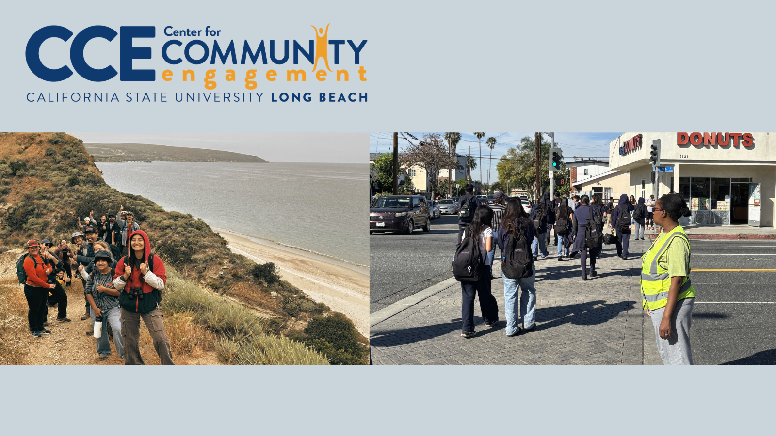 two images of students in the outdoors and community