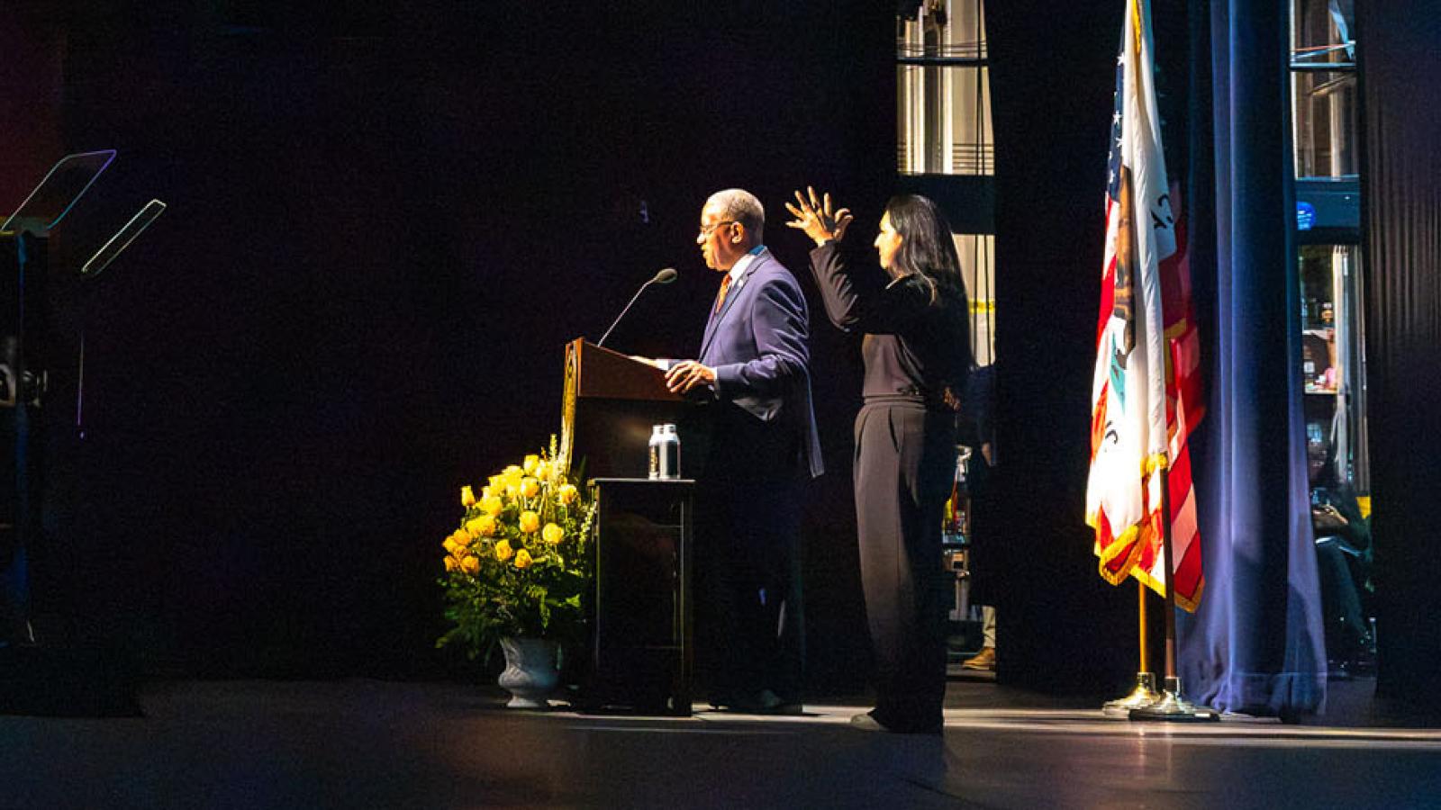 President Loren J. Blanchard speaks on the Carpenter Center stage