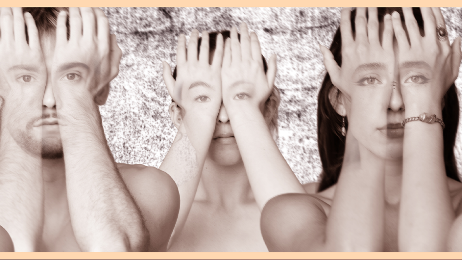 Five dancers with their semi-transparent hands over their eyes. CSULB Dance- College of the Arts