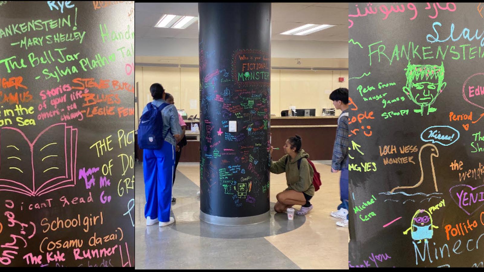 students writing on a pillar and up close images of those writings