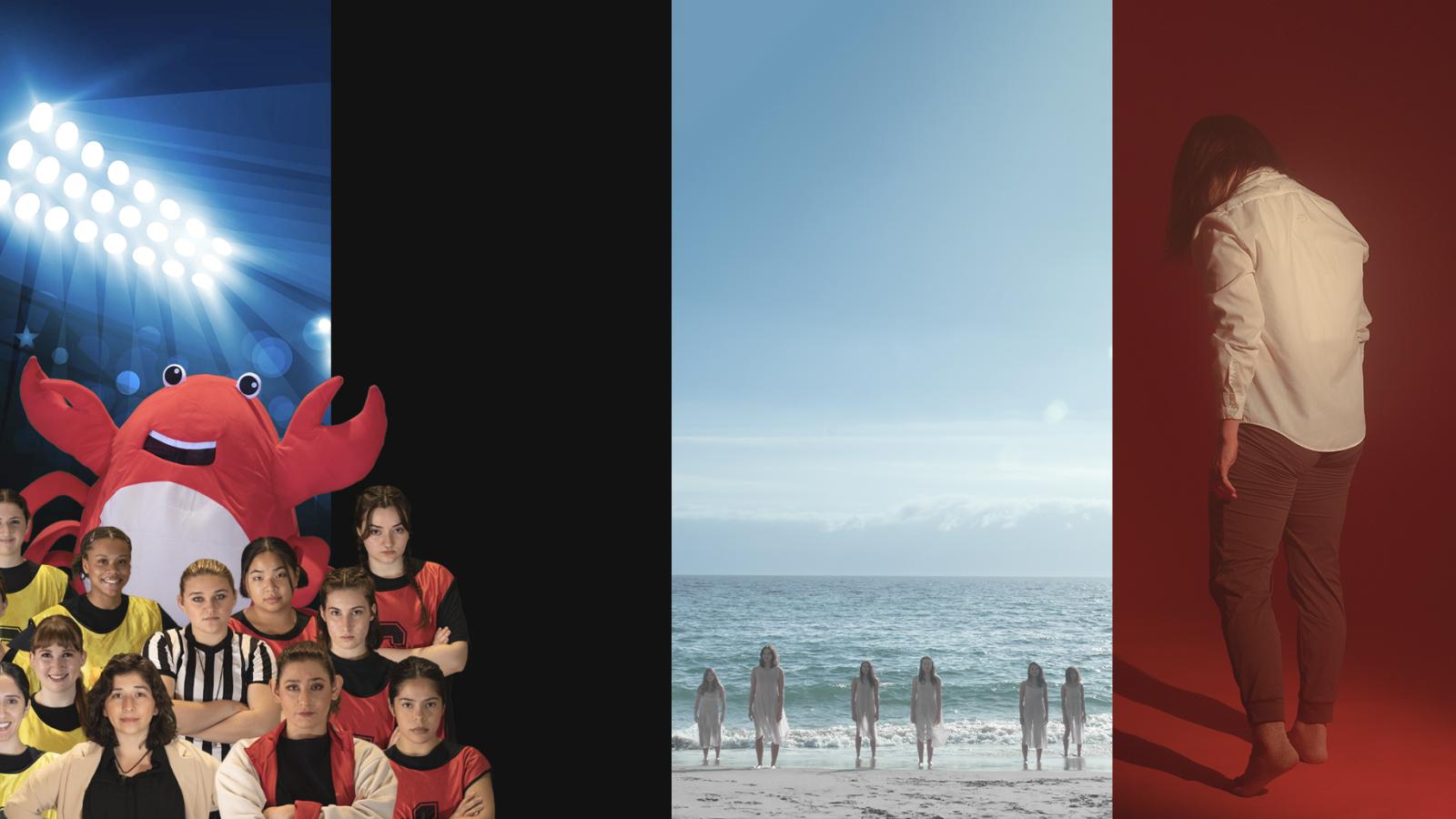 Four slices of images, first two basketball players against a stadium backdrop, a black slice, six dancers in white on a beach, and a figure with their back to the view in a dress shirt and black slacks against a red backdrop.