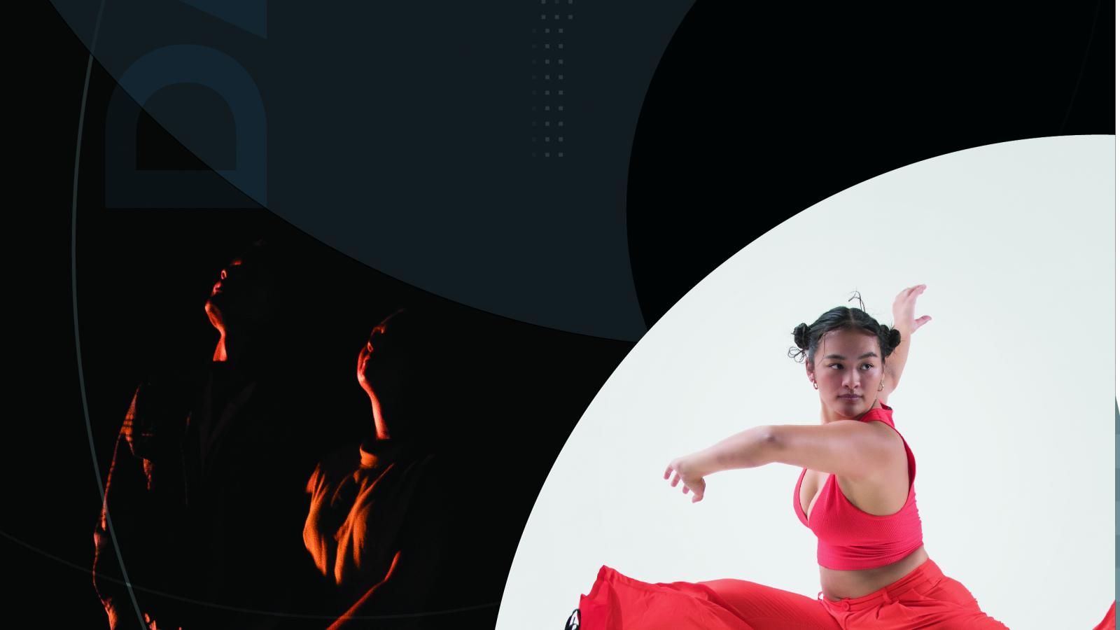 Layered graphic with dark circles and faded green text that reads DANCE. A duet is silhouetted in orange light and a dancer in an orange outfit leaps agains a white backdrop.