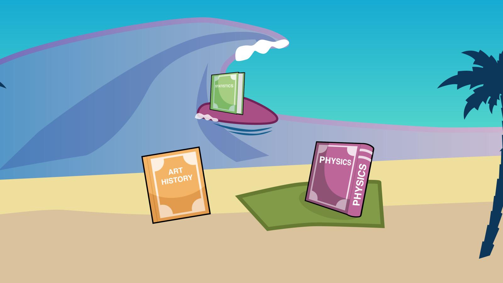 Textbooks sitting on the beach while one textbook surfs.