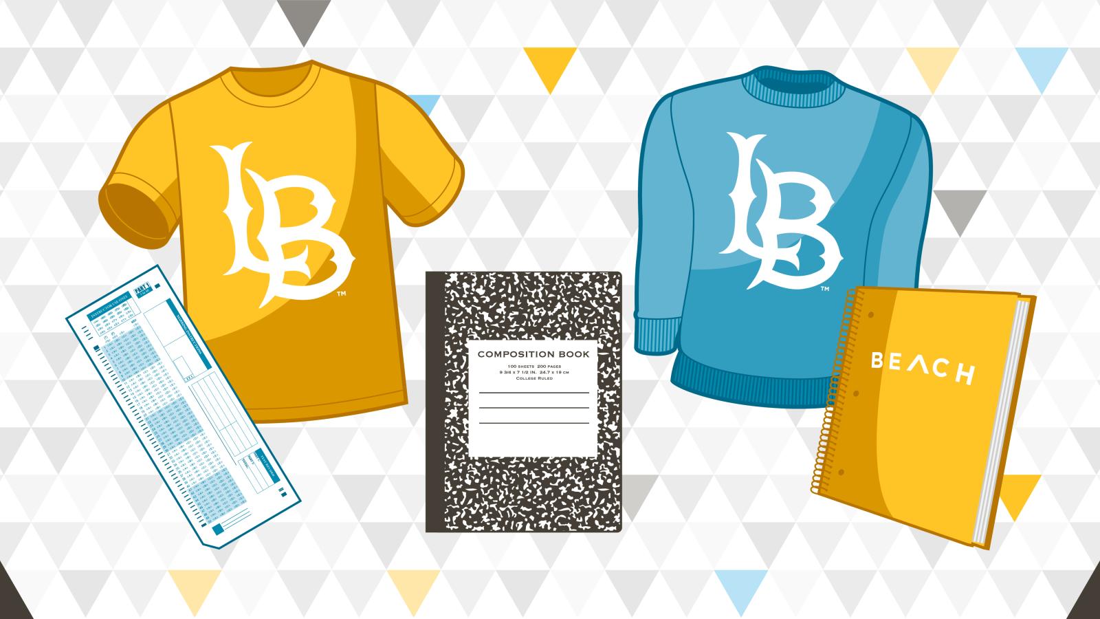 Animated long beach shirts, sweaters amd notebooks with an LB logo.