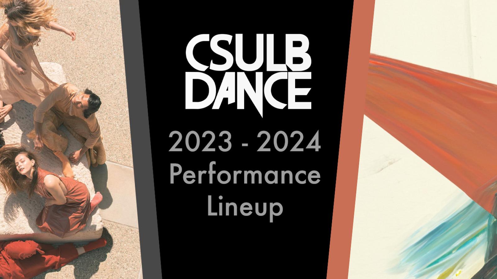 "CSULB Dance 2023 - 2024 Performance Lineup" in grey against black - Two sections of concert posters exposed
