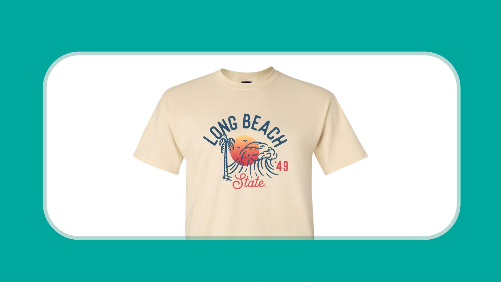T-shirt with Long beach State and palm tree, sun and beach in the background