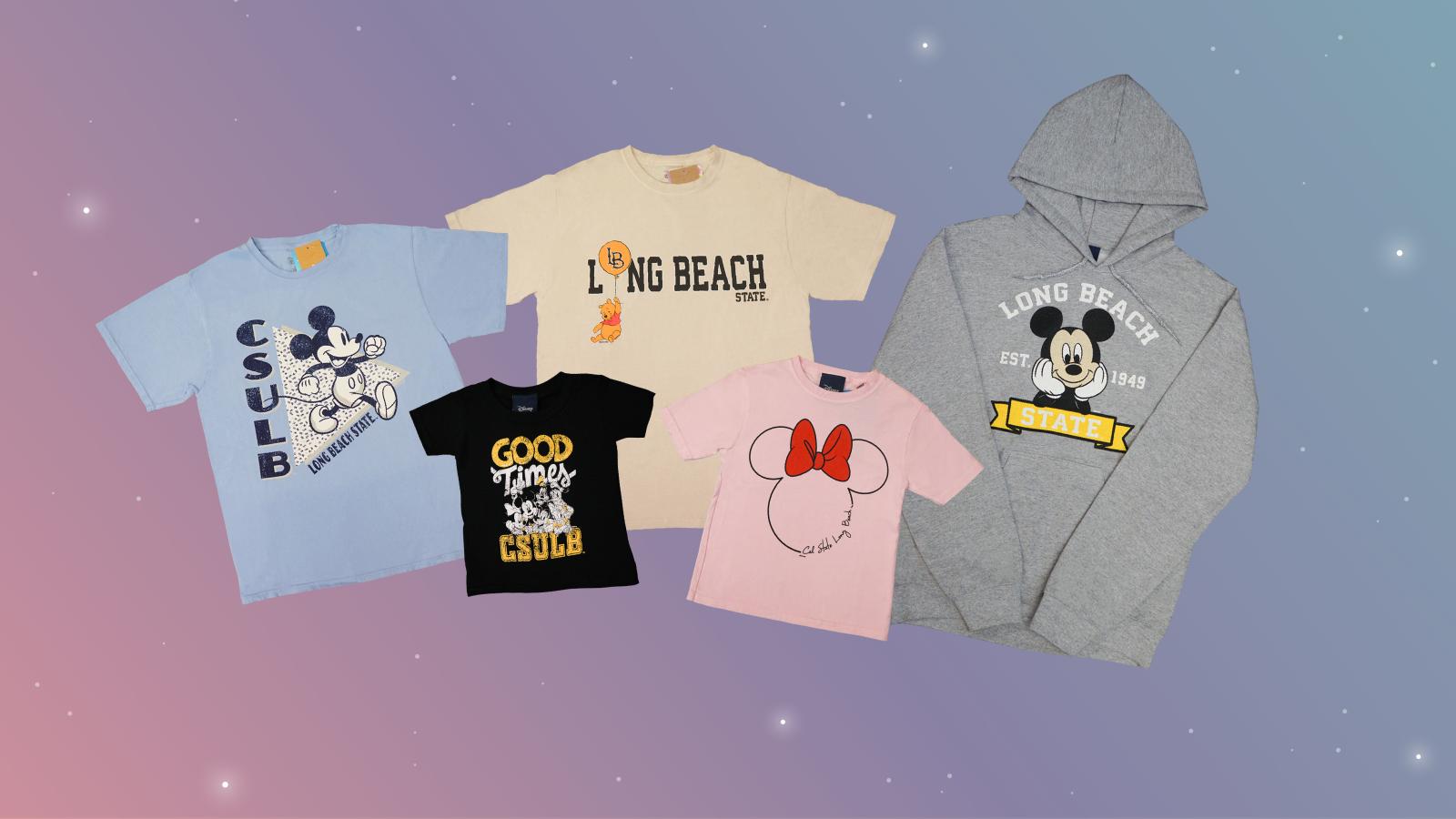 Disney CSULB merchandise spread with a colorful animated background. 