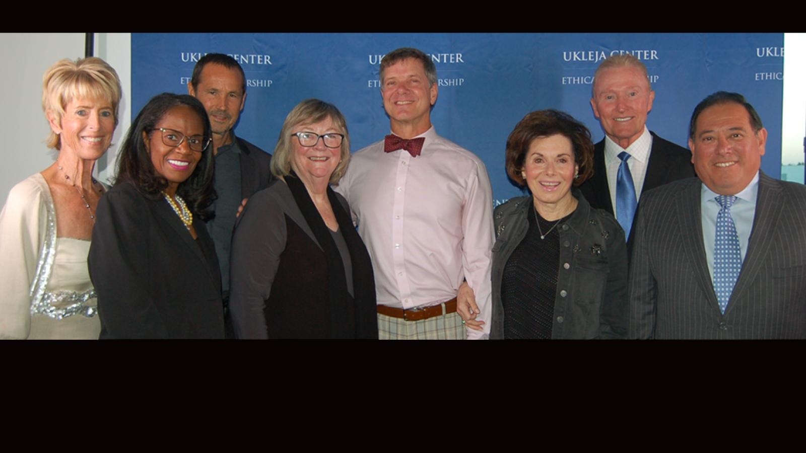 Karyn Scissum Gunn, Mark Guillen, Greg Wooden, Justin Rudd, Janey Roeder, Louise Shakarian Ukleja, Mick Ukleja and Jane Close Conoley at presentation of the 2023 Nell and John Wooden Ethics in Leadership Award