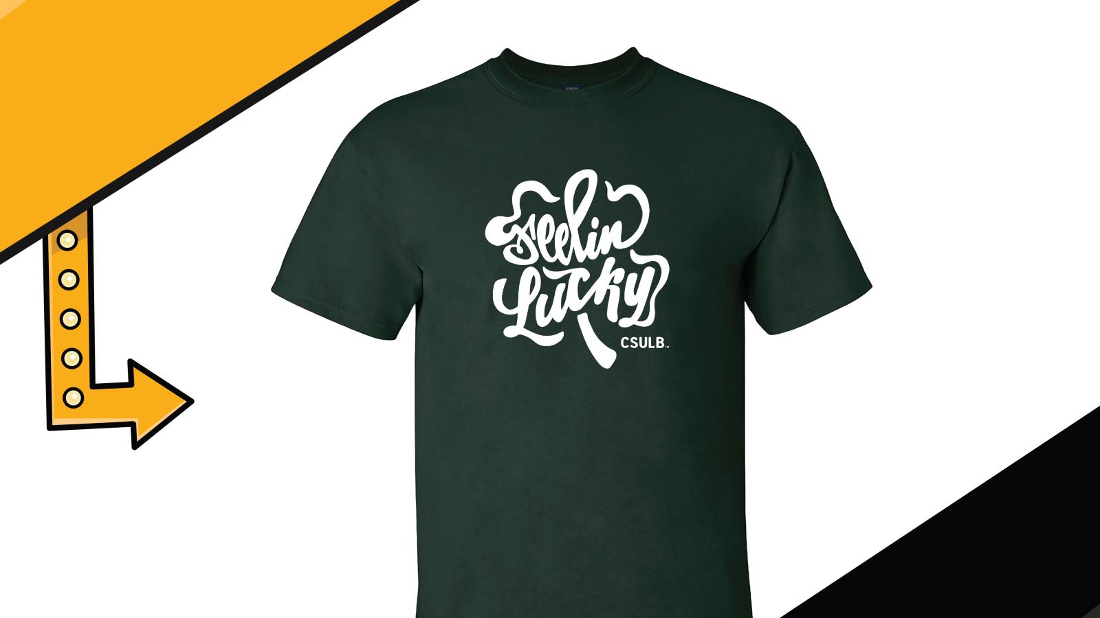 March T Shirt of the month featuring a shirt with a shamrock outline and CSULB written inside it. 