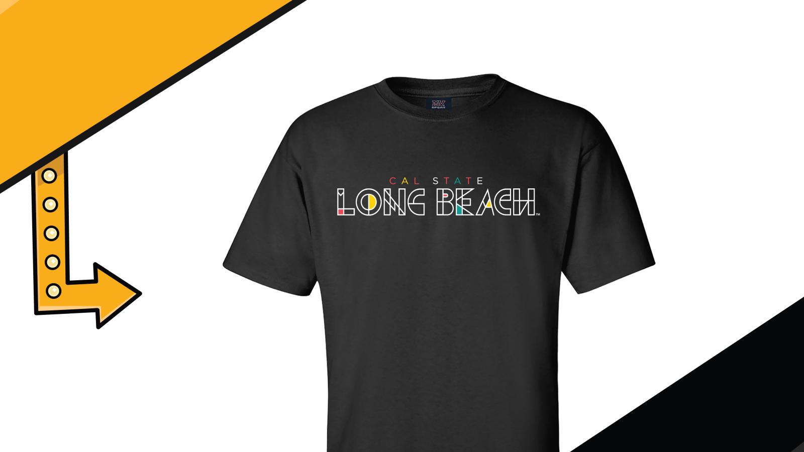 Cal State Long Beach on a shirt using geometric lines to create the letters. 