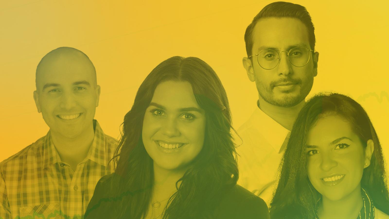 A composite showing four alumni from the BIG program with a green-yellow overlay