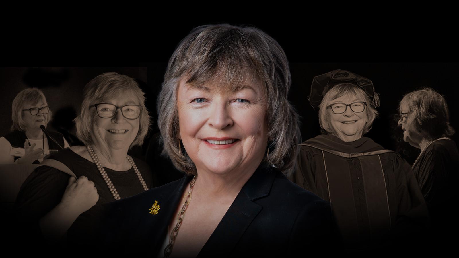 Jane Close Conoley smiles in the center of an image, surrounded by faded black-and-white images of her speaking at a podium, smiling, and wearing academic regalia.