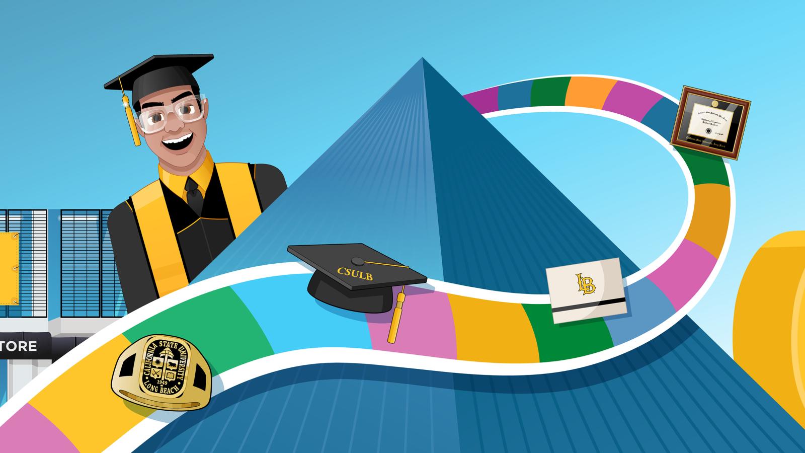 Animated imagery of the bookstore and pyramid in a graduation themed video game template with gameboard moving squares and graduation themed accessories as playing pieces.