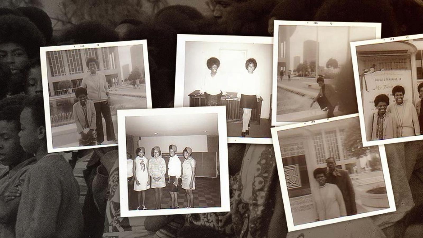Vintage photographs showing members of the Black Student Union superimposed over a gathering of Black people