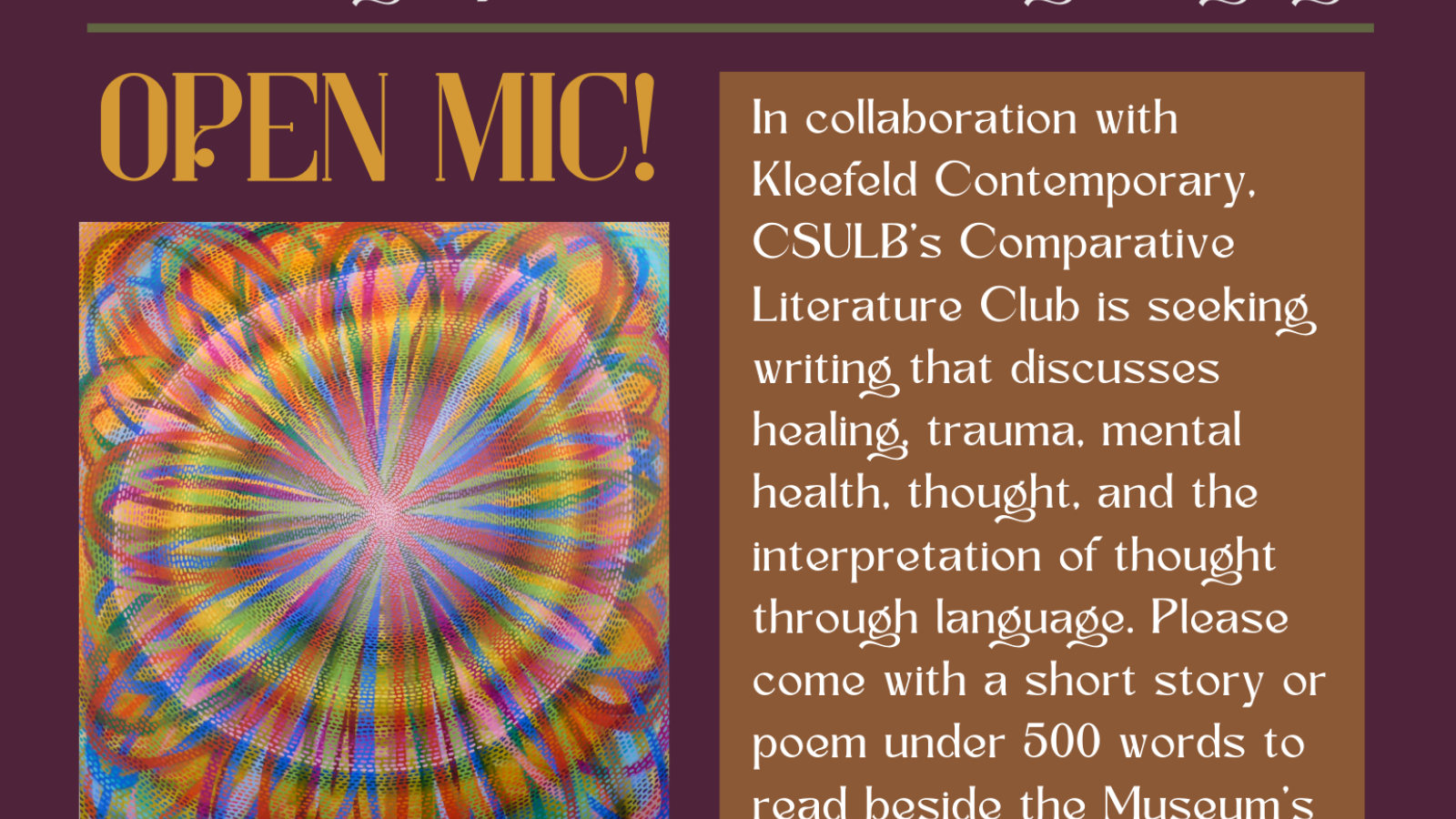 flyer for open mic night with image from museum exhibit
