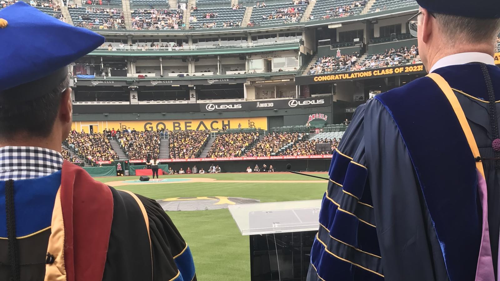 view of angels stadium between two deans