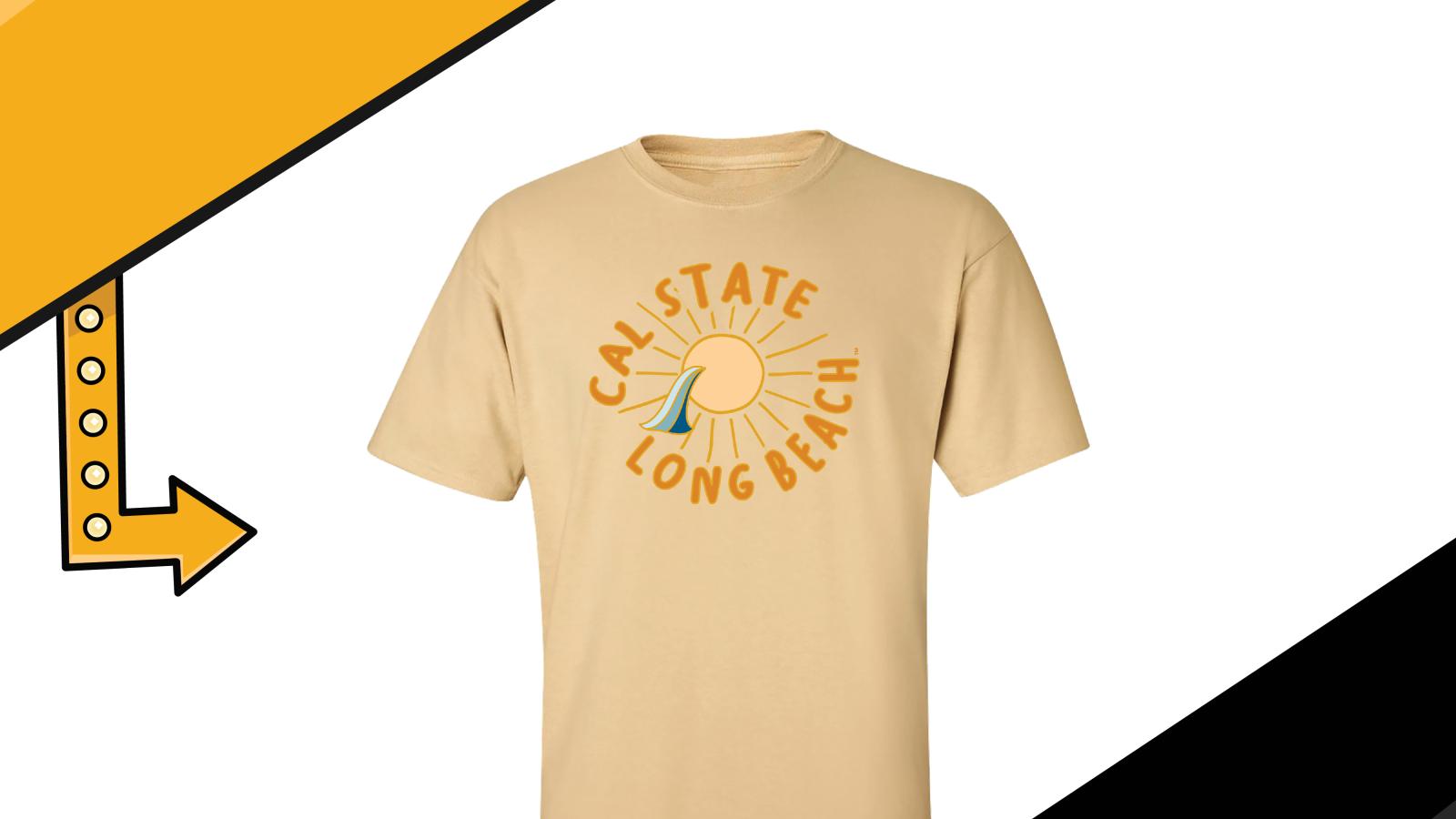 T Shirt with Cal State Long Beach text and a sun in the center with a fin of an animal intersecting it. 