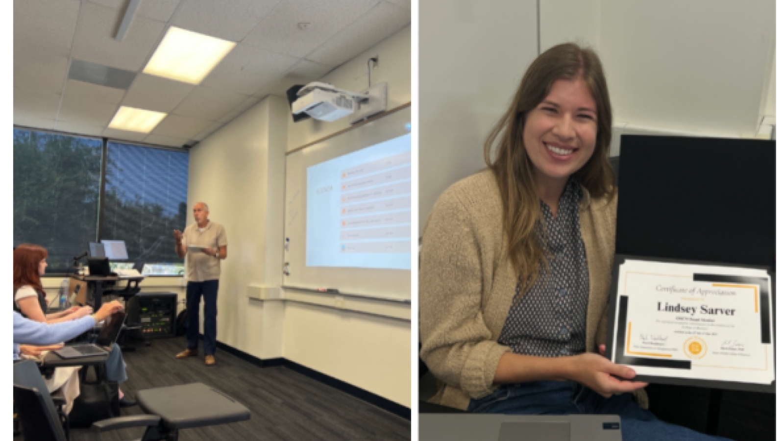 Frank Thompson (the president) of OSCM Advisory Board (left) and Lindsey Sarver (right) - The award is for OSCM Board Members for their contributions to the students of COB