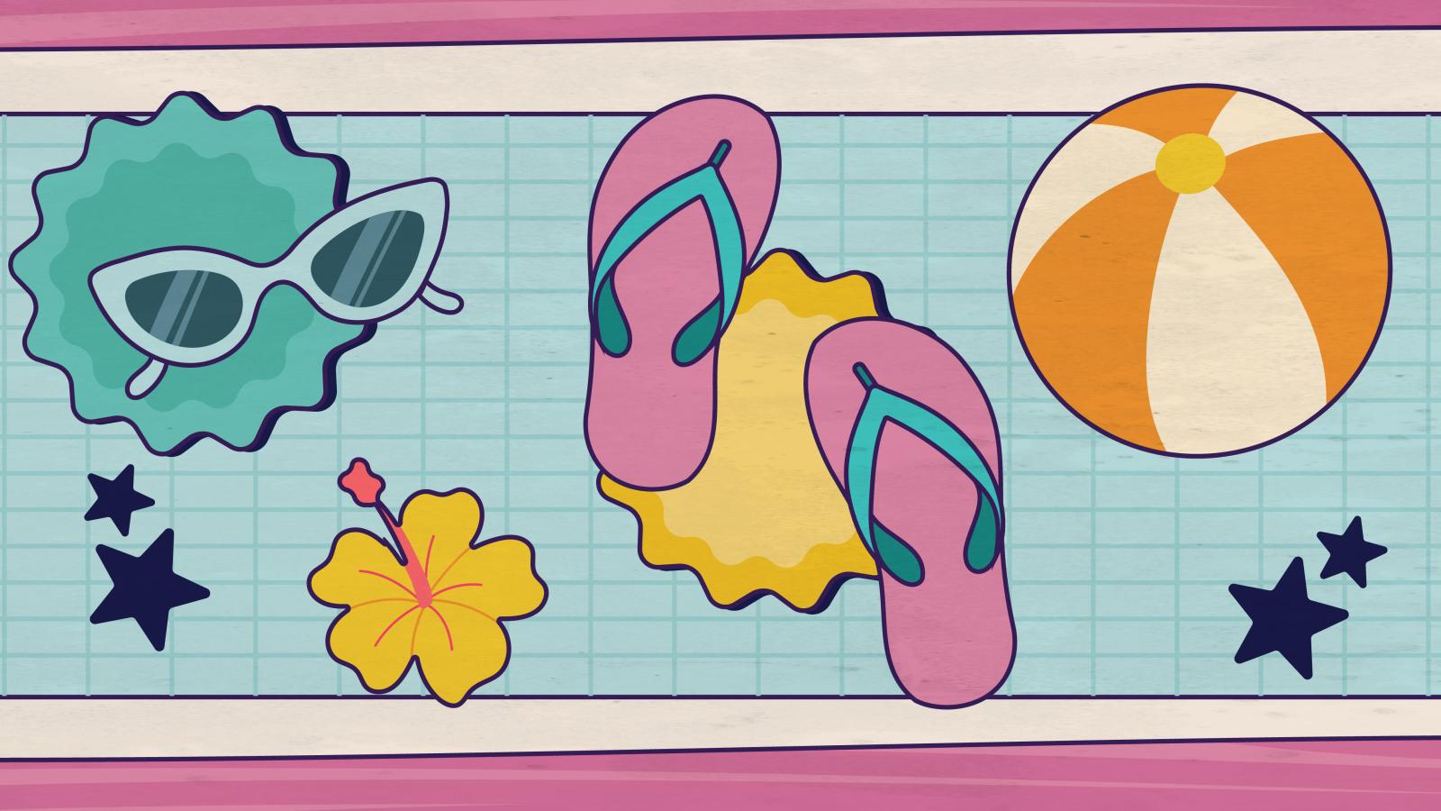 Animated beach items flip flops, sunglasses, and a beach ball on a blanket.