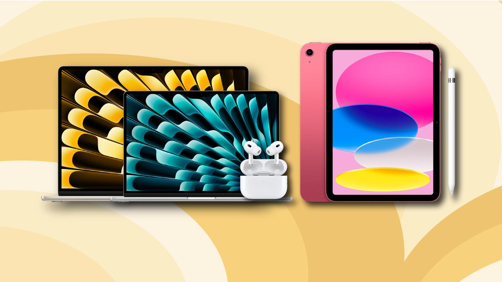Two Macbooks, two iPads, pair of airpods and an apple pencil on a yellow background. 