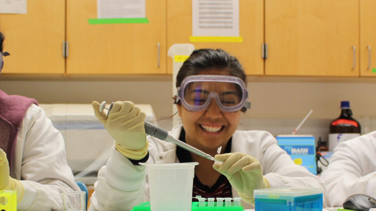 Students filling test tubes