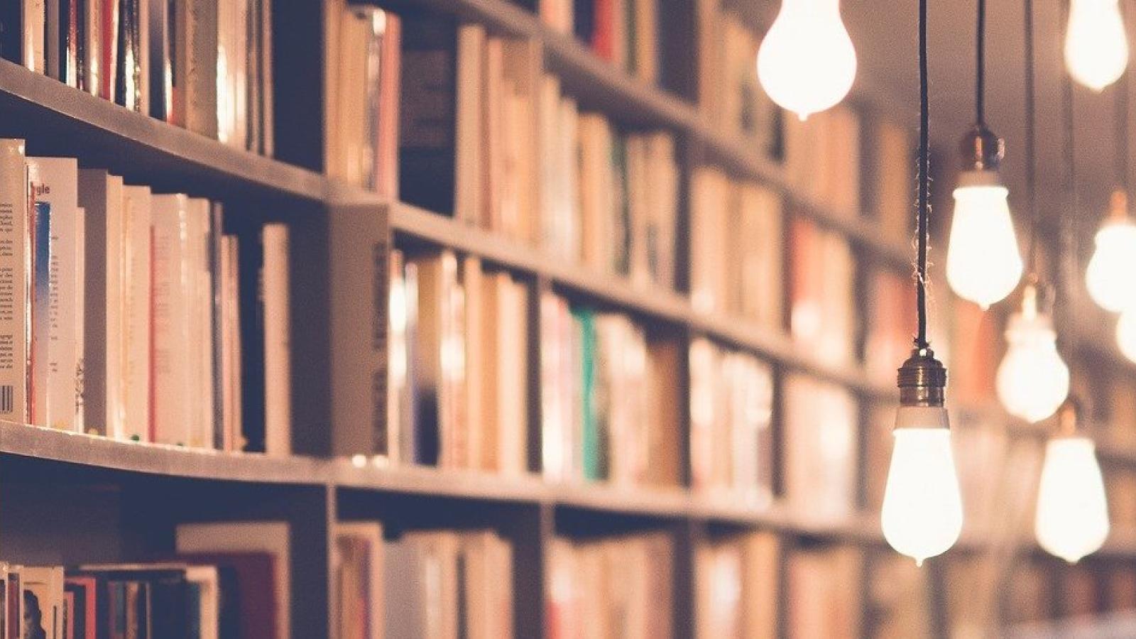 Bookcase with many books and retro-style lightbulbs hanging from ceiling