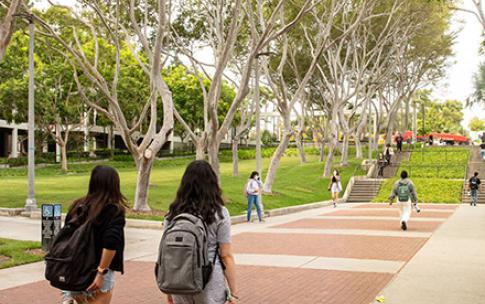 Students walking down path