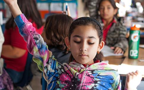 Young student raising her hand