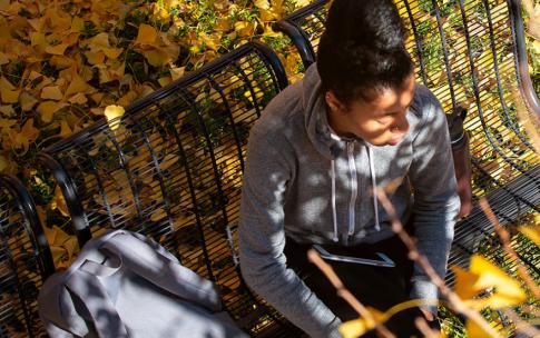 Student sits on bench, while surrounded by trees and colorful leaves on the ground. 