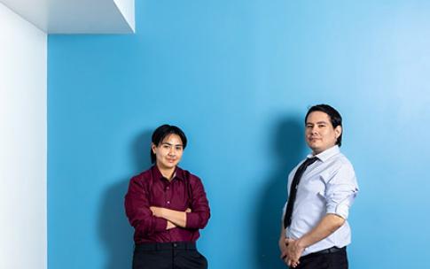 2024 Sunstone Innovation Challenge Winners Stacey and Antonio Alvarado standing in front of a blue wall