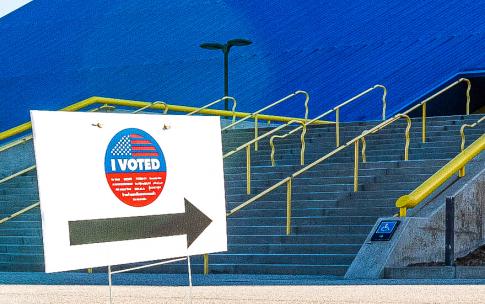 Walter Pyramid with a sign directing viewers to a voting center