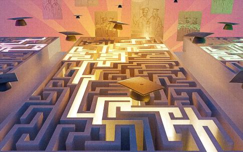 Drawings of graduates appear behind images of floating graduation caps and mazes with illuminated pathways